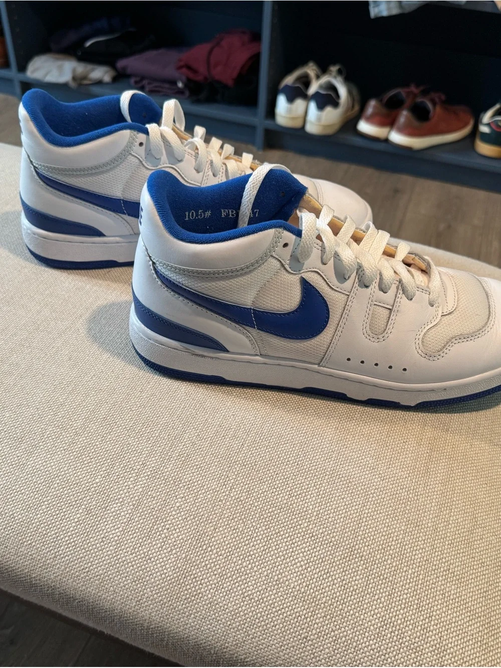 Nike White and Blue Mid-Top Swoosh Sneakers - Picture 1 of 5
